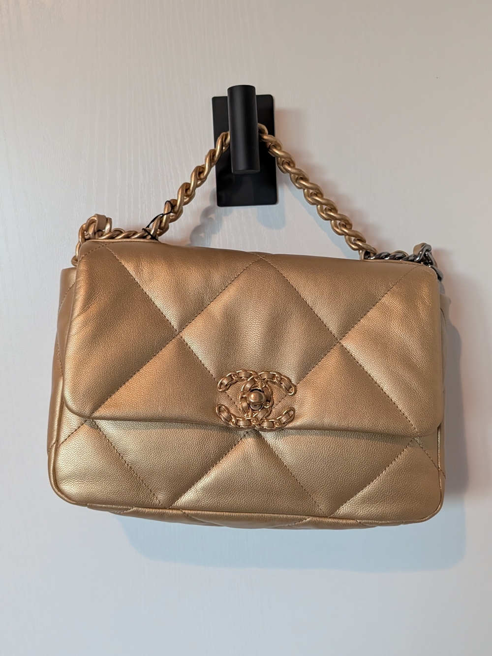 CHANEL 19 Quilted Shoulder Bag in Metallic Gold-Tone